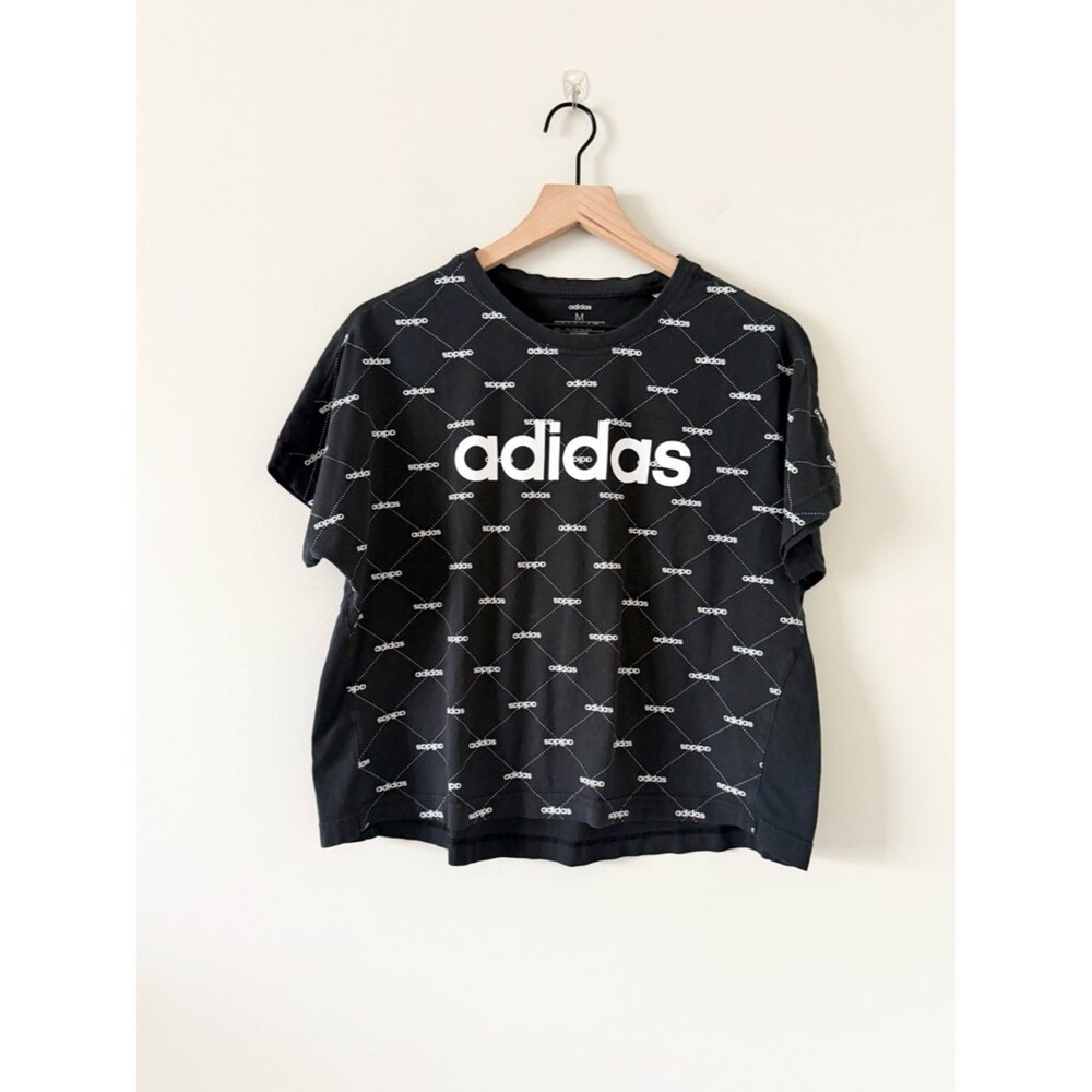 adidas Black Graphic Logo Tee with White Patterned Print Size M